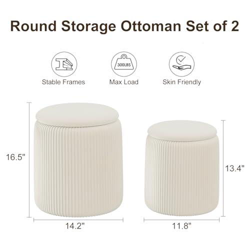 Recximi Round Ottoman with Storage Set of 2, White Vanity Stool, Upholstered Velvet Storage Ottomans, Makeup Chair Seat for Bedroom, Small Pouf Footstool for Living Room - Image 2