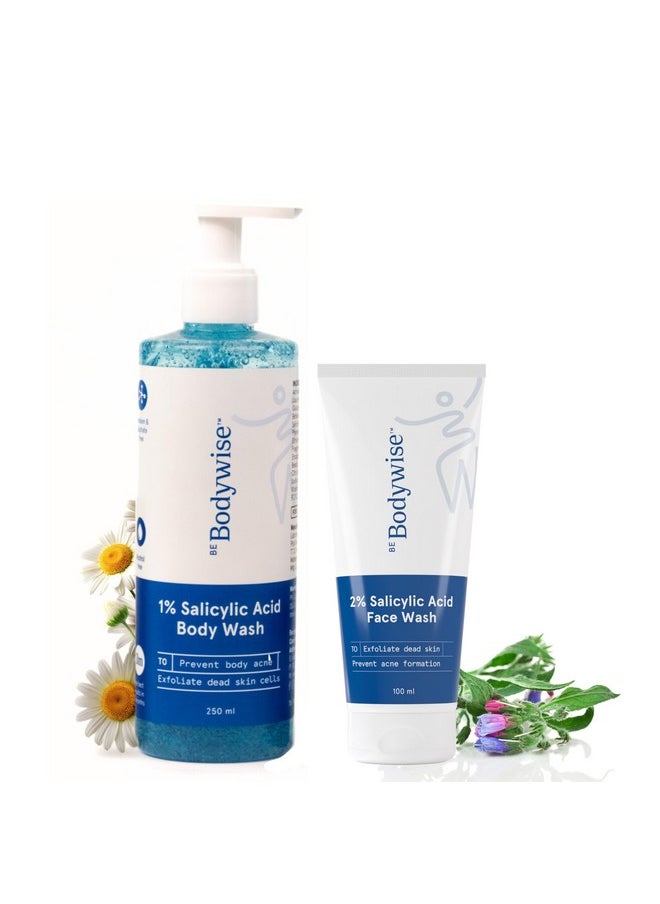 كن بودي غسول الجسم Be Bodywise 1% Salicylic Acid وغسول الوجه 2% Salicylic Acid | مع مستخلص الألانتوين والبابونج | ينظف البشرة بعمق ويمنع ظهور حب الشباب | خالٍ من البارابين وSLS | 350 مل  - Image 1