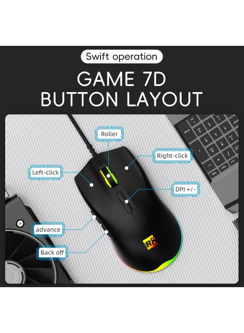 أر8 ماوس الألعاب R8 G201 سلكي بمنفذ USB - دقة بصرية 7200 نقطة في البوصة / 7 أزرار قابلة للبرمجة - إضاءة خلفية ملونة RGB - ماوس ألعاب مريح لأجهزة الكمبيوتر المحمولة والمكتبية | أسود - Image 3
