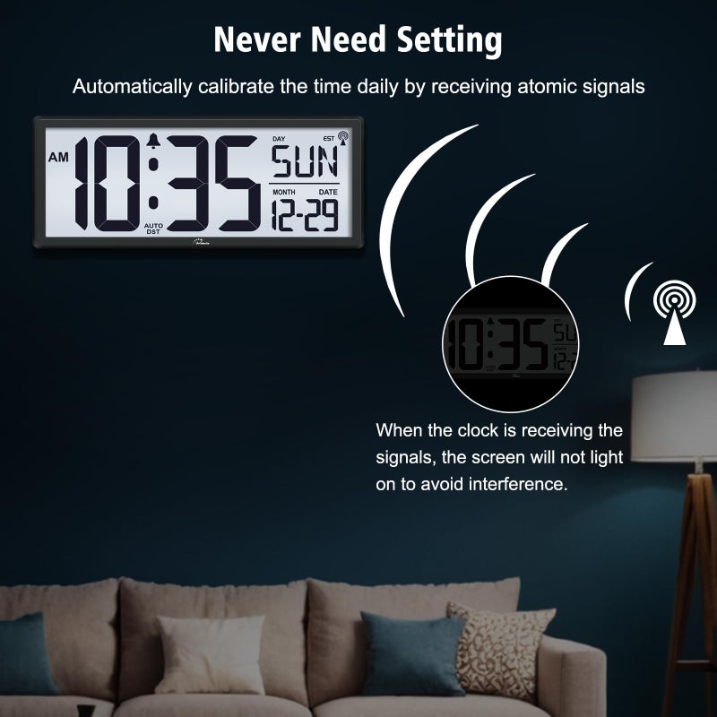 WallarGe 14.5'' Atomic Clock with Backlight, Large Digital Wall Clock Battery Operated, Large Display with Temperature and Date, Easy to Read and Set Digital Wall Clock, Auto DST - Image 2
