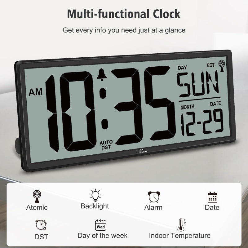 WallarGe 14.5'' Atomic Clock with Backlight, Large Digital Wall Clock Battery Operated, Large Display with Temperature and Date, Easy to Read and Set Digital Wall Clock, Auto DST - Image 4