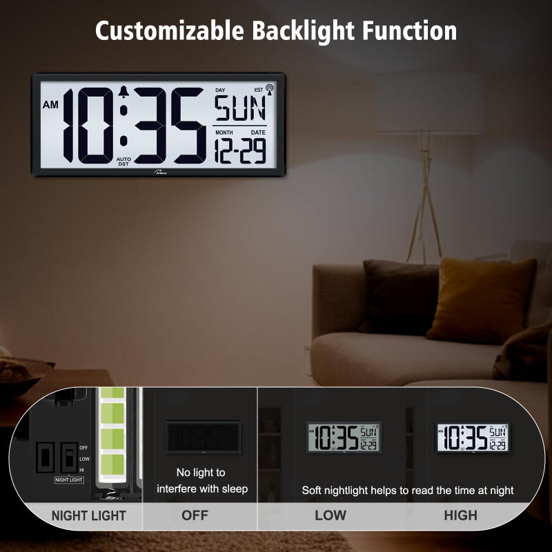 WallarGe 14.5'' Atomic Clock with Backlight, Large Digital Wall Clock Battery Operated, Large Display with Temperature and Date, Easy to Read and Set Digital Wall Clock, Auto DST - Image 3