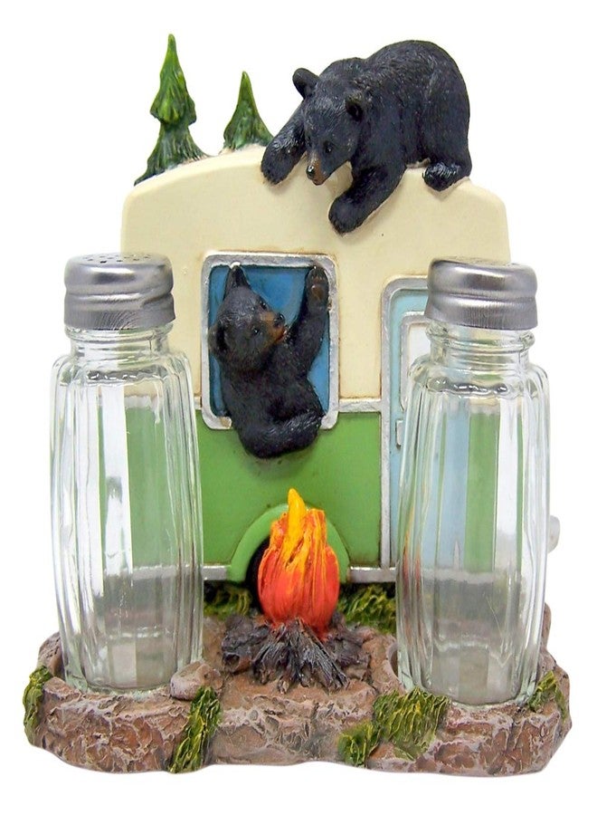 DeLeon Collections Rustic Kithcen Accessory- Black Bear in a Camper Salt and Pepper Shaker and Napkin Holder, 5 Inch (Shakers Included) - Image 1