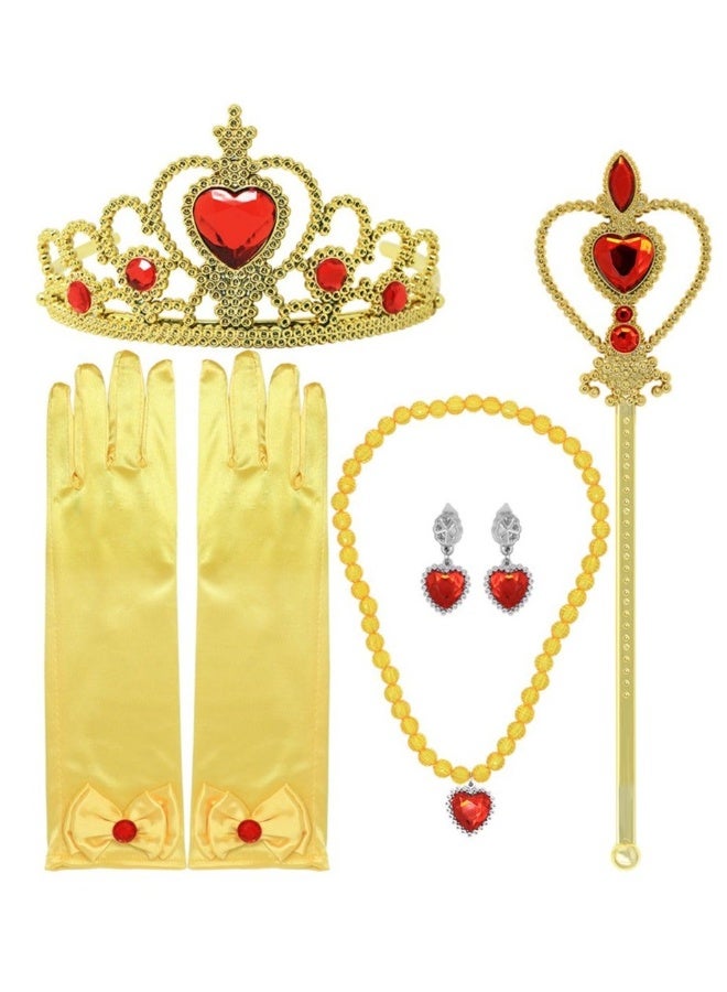 Princess Dress Up Accessories Gift Set For Belle Crown Scepter Necklace Earrings Gloves, Yellow, 5 Pieces  - Image 1