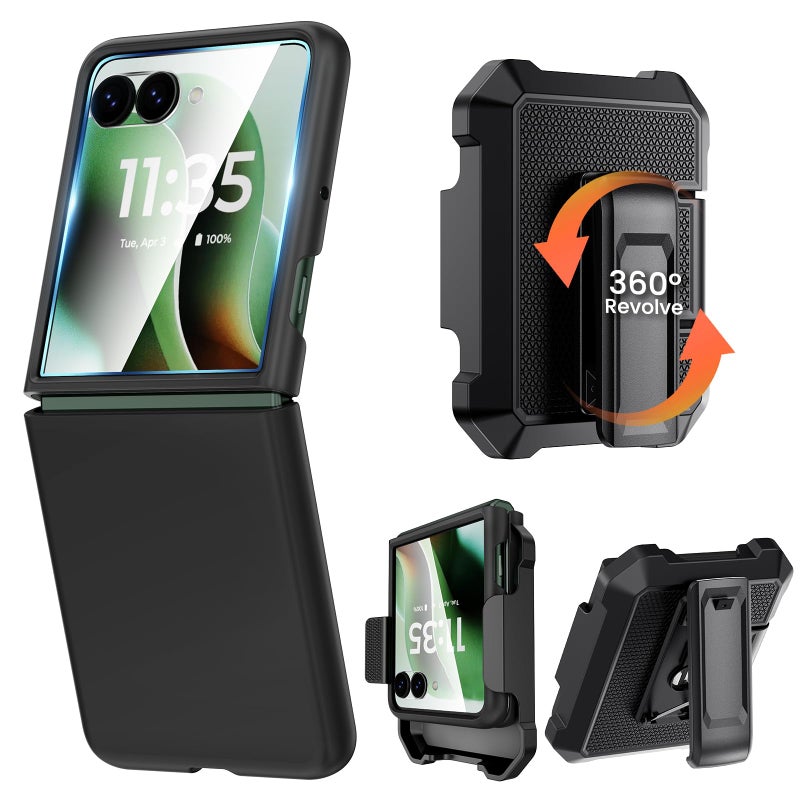 Caka for Motorola Moto Razr+ (Plus) & Razr Ultra 2025 Case with Clip & Screen Protector, Slim Thin Flip Phone Cover and Belt Hip Holster Combo Accessories for Razr 60 Pro & 60 Ultra - Black - Image 1