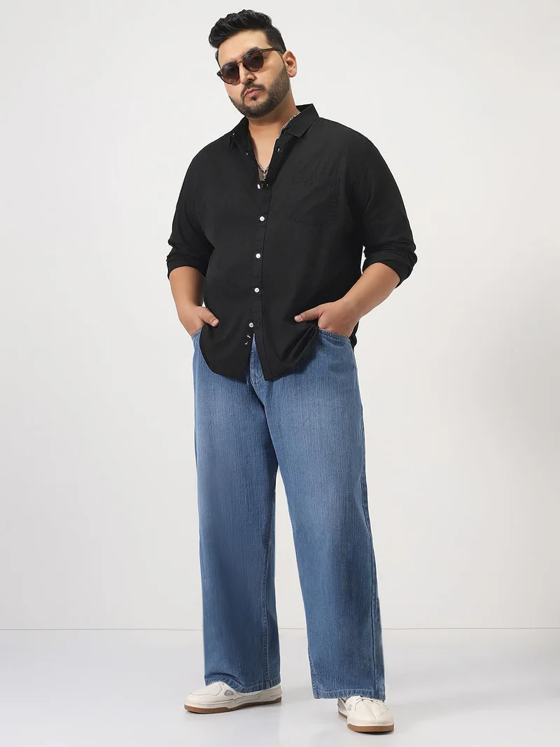 Urbano Fashion  Urbano Plus Men's Black Cotton Full Sleeve Regular Fit Casual Solid Slub Shirt with Spread Collar  | Best Price UAE