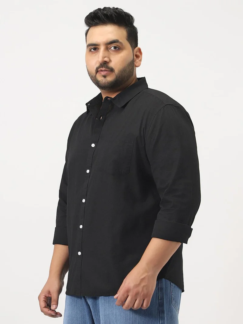 Urbano Fashion  Urbano Plus Men's Black Cotton Full Sleeve Regular Fit Casual Solid Slub Shirt with Spread Collar  | Best Price UAE