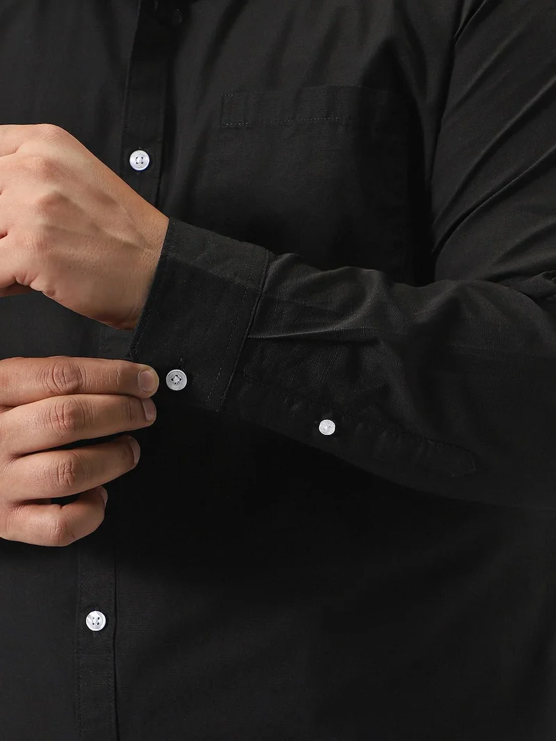 Urbano Fashion  Urbano Plus Men's Black Cotton Full Sleeve Regular Fit Casual Solid Slub Shirt with Spread Collar  | Best Price UAE