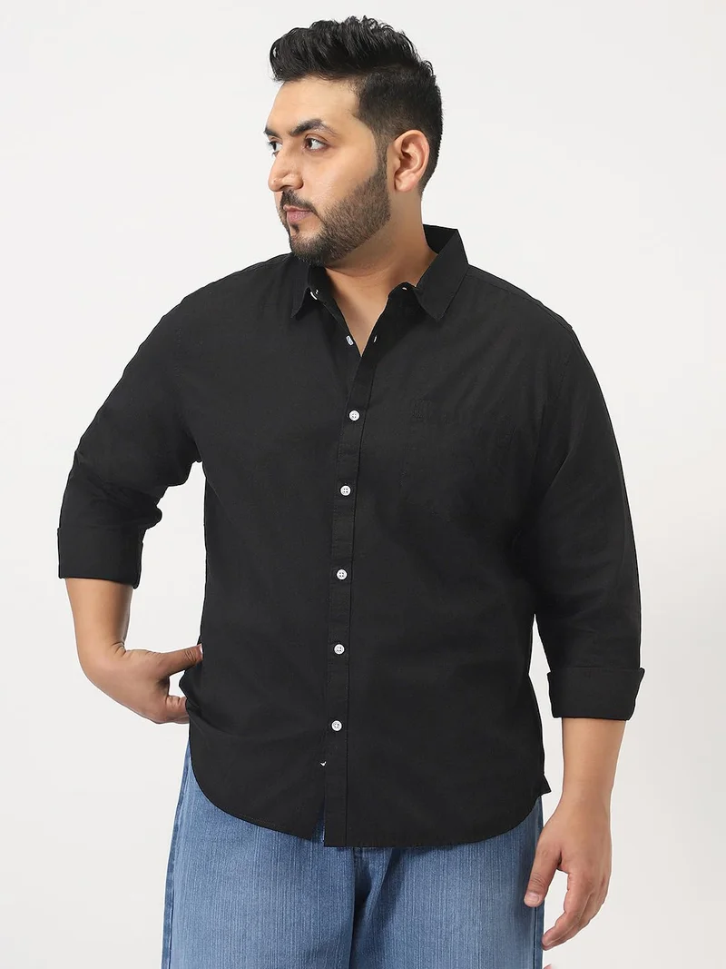 Urbano Fashion  Urbano Plus Men's Black Cotton Full Sleeve Regular Fit Casual Solid Slub Shirt with Spread Collar  | Best Price UAE