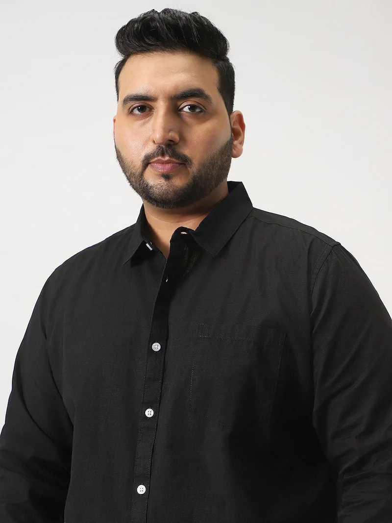 Urbano Plus Men's Black Cotton Full Sleeve Regular Fit Casual Solid Slub Shirt with Spread Collar