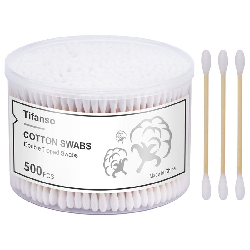 tifanso 500 Count Cotton Swabs Natural Double Round Strong Wooden Cotton Tip Sticks Buds for Ears CrueltyFree Ear Swabs with Storage Box