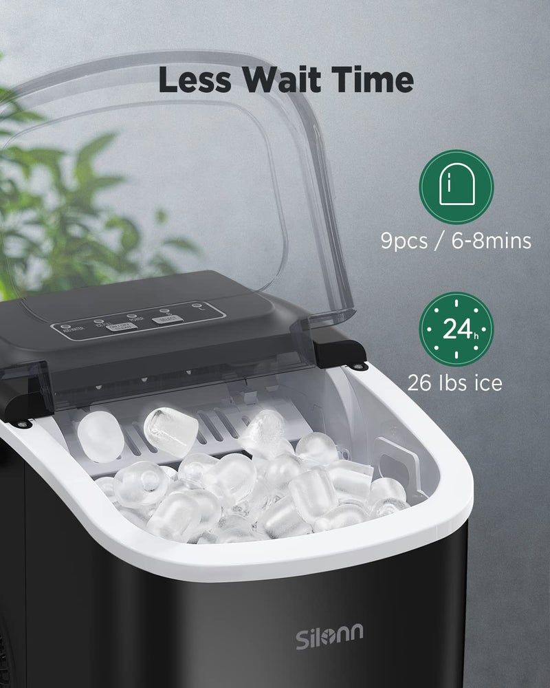Silonn Silonn Ice Maker Countertop, 9 Cubes Ready in 6 Mins 26lbs in 24Hrs, Self-Cleaning Ice Machine with Ice Scoop and Basket, 2 Sizes of Bullet Ice for Home Kitchen Office Bar Party, Black  - Image 2