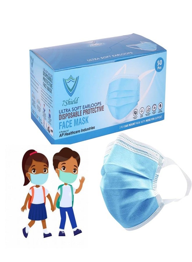 7Shield Face Mask | Disposable Safety Masks for Kids | ISO CE GMP SITRA Certified Soft Fabric Spandex Earloop strings, Comfortable & Secure Face Masks (Blue-50) - Image 1