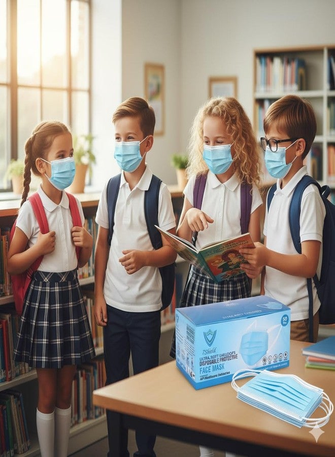 7Shield Face Mask | Disposable Safety Masks for Kids | ISO CE GMP SITRA Certified Soft Fabric Spandex Earloop strings, Comfortable & Secure Face Masks (Blue-50) - Image 5