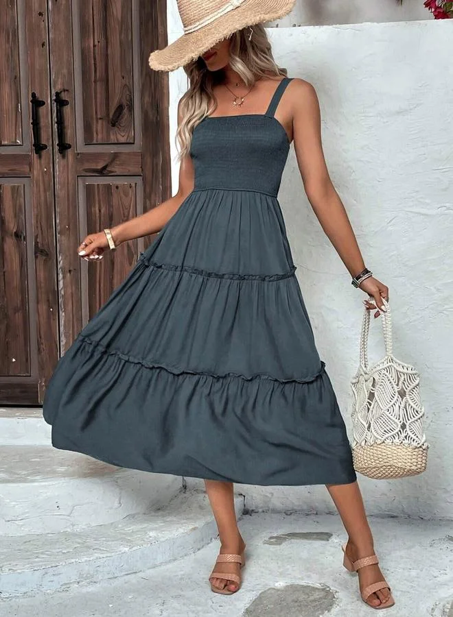 Take Two Women Grey Smocked Strappy Tiered Midi Dress