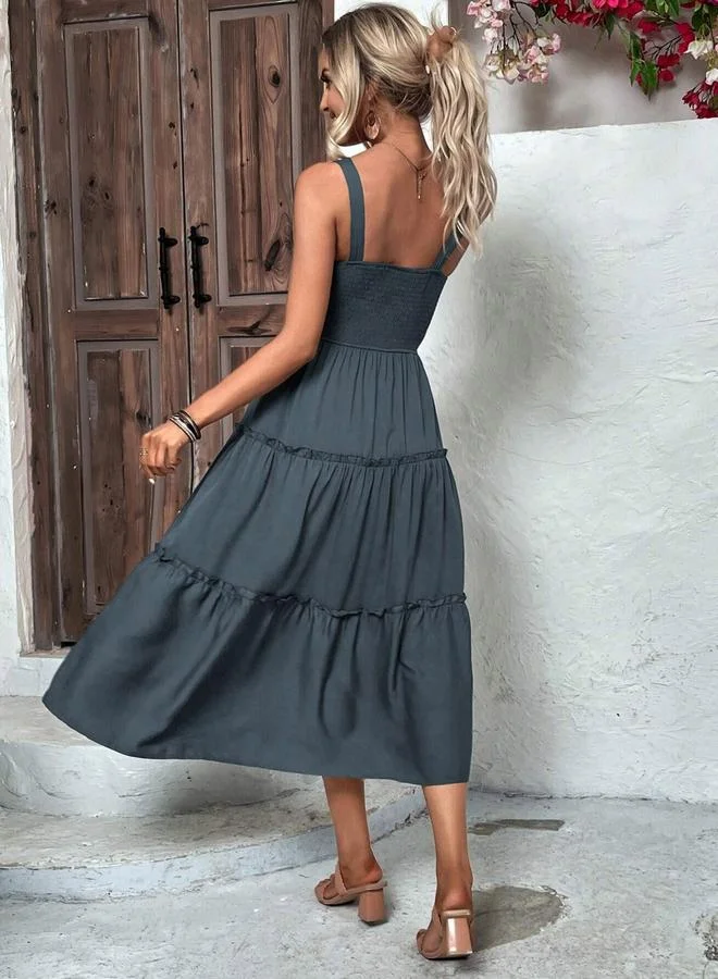 Take Two Women Grey Smocked Strappy Tiered Midi Dress