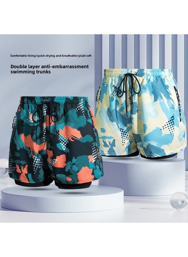 Generic Printed Swimming Trunks Men's Anti-embarrassment Double-layer Swimsuit Hot Spring Professional Swimming Lining Boys Loose Swimwear Wholesale-Color:6003 Beige Graffiti-Size:XL ] - Image 3