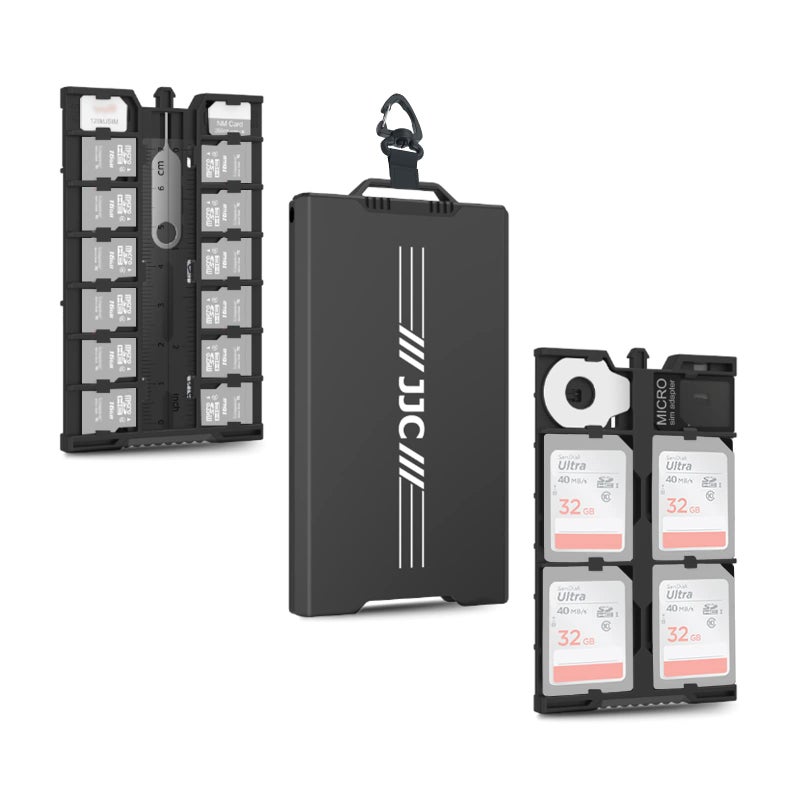 JJC Aluminum Pop up Memory Card Case for 12 Micro SD TF MSD,4 SD,2 Nano SIM/NM Cards,Anti-Shock Anti Scratch,Comes with Carabiner, Flathead Tool,Micro SIM Adapter,Card Remove Tool and Mini Ruler (Black) - Image 1