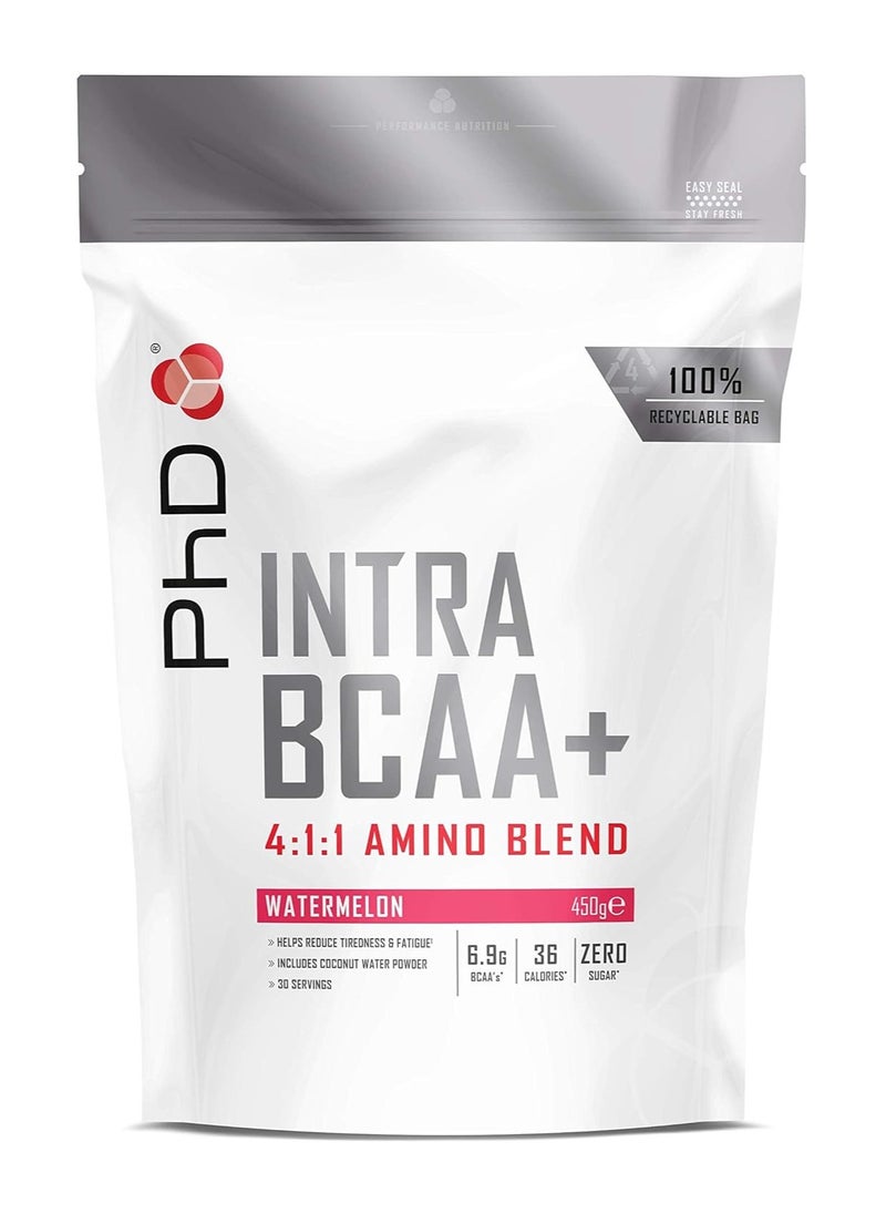 PhD Intra Bccaa + Powder, 4:1:1 Amino Blend, Helps Reduce Tiredness & Fatigue, Includes Coconut Water Powder, Watermelon Flavour, 450 gm  - Image 1