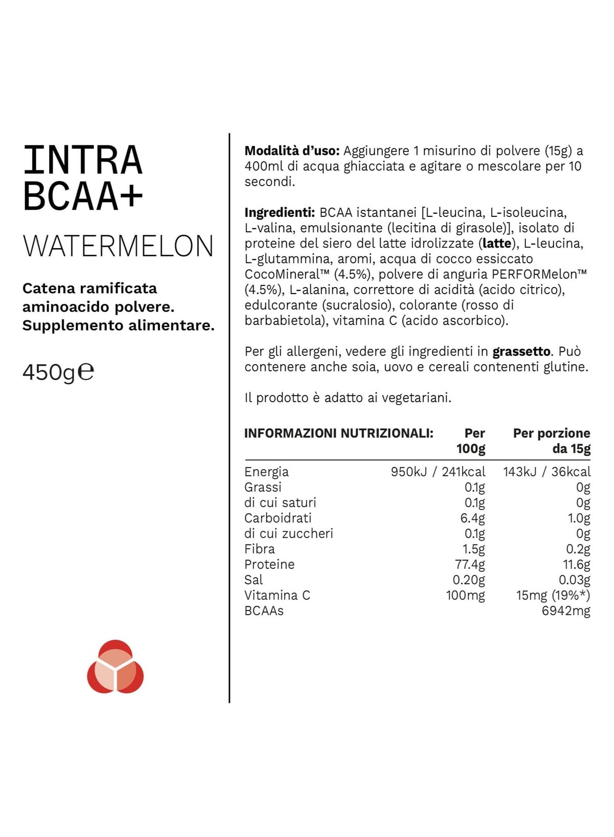 Intra Bccaa + Powder, 4:1:1 Amino Blend, Helps Reduce Tiredness & Fatigue, Includes Coconut Water Powder, Watermelon Flavour, 450 Gm