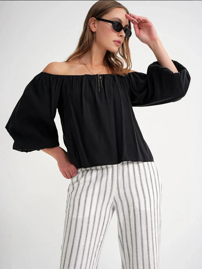 MixRay Mixray Modal Blended Blouse with Madonna Collar and Ruffle Detail