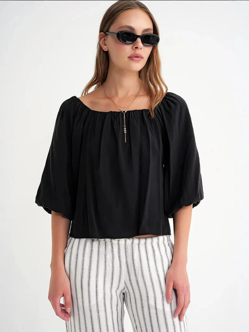 MixRay Mixray Modal Blended Blouse with Madonna Collar and Ruffle Detail