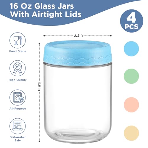 DRKIO 16 Oz Overnight Oats Containers with Lids - 4 Pack Glass Storage Jars with Airtight Lids Wide Mouth Mason Food Jars Great for Meal Prep Salad Chia Pudding Snacks Yogurt Sugar Spice Cereal - Image 2