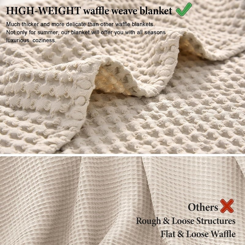 PHF 480GSM 100% Washed Cotton Waffle Weave Blanket, Cozy Breathable Skin-Friendly Throw Queen Size for All Season,Luxury Fall Layer Bedspread for Couch Bed Sofa,Elegant Home Decor,Natural,90"x90" - Image 4