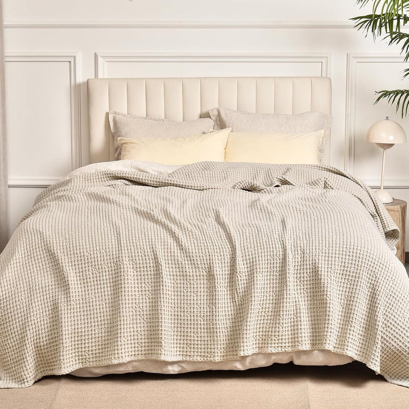 PHF 480GSM 100% Washed Cotton Waffle Weave Blanket, Cozy Breathable Skin-Friendly Throw Queen Size for All Season,Luxury Fall Layer Bedspread for Couch Bed Sofa,Elegant Home Decor,Natural,90"x90" - Image 5