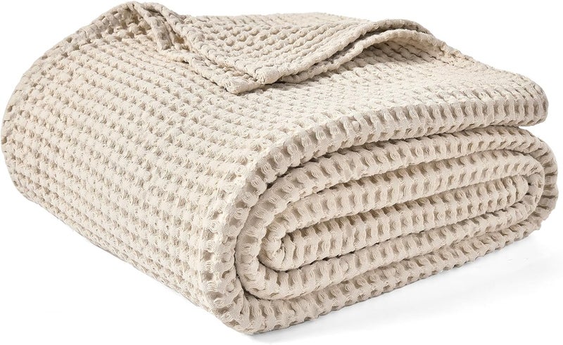 PHF 480GSM 100% Washed Cotton Waffle Weave Blanket, Cozy Breathable Skin-Friendly Throw Queen Size for All Season,Luxury Fall Layer Bedspread for Couch Bed Sofa,Elegant Home Decor,Natural,90"x90" - Image 1