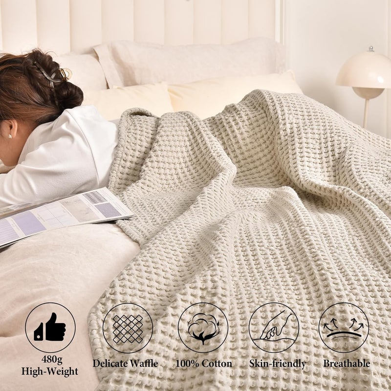 PHF 480GSM 100% Washed Cotton Waffle Weave Blanket, Cozy Breathable Skin-Friendly Throw Queen Size for All Season,Luxury Fall Layer Bedspread for Couch Bed Sofa,Elegant Home Decor,Natural,90"x90" - Image 2