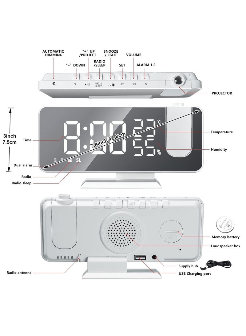 Projection Alarm Clock for Bedrooms Ceiling, Alarm Clock Radio with USB Charger Port, Temperature & Humidity Display, 7.3” Large LED Display,12/24H,Snooze,Dual Loud Alarm Clock