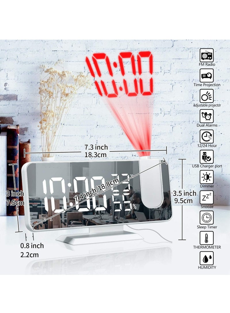 Projection Alarm Clock for Bedrooms Ceiling, Alarm Clock Radio with USB Charger Port, Temperature & Humidity Display, 7.3” Large LED Display,12/24H,Snooze,Dual Loud Alarm Clock