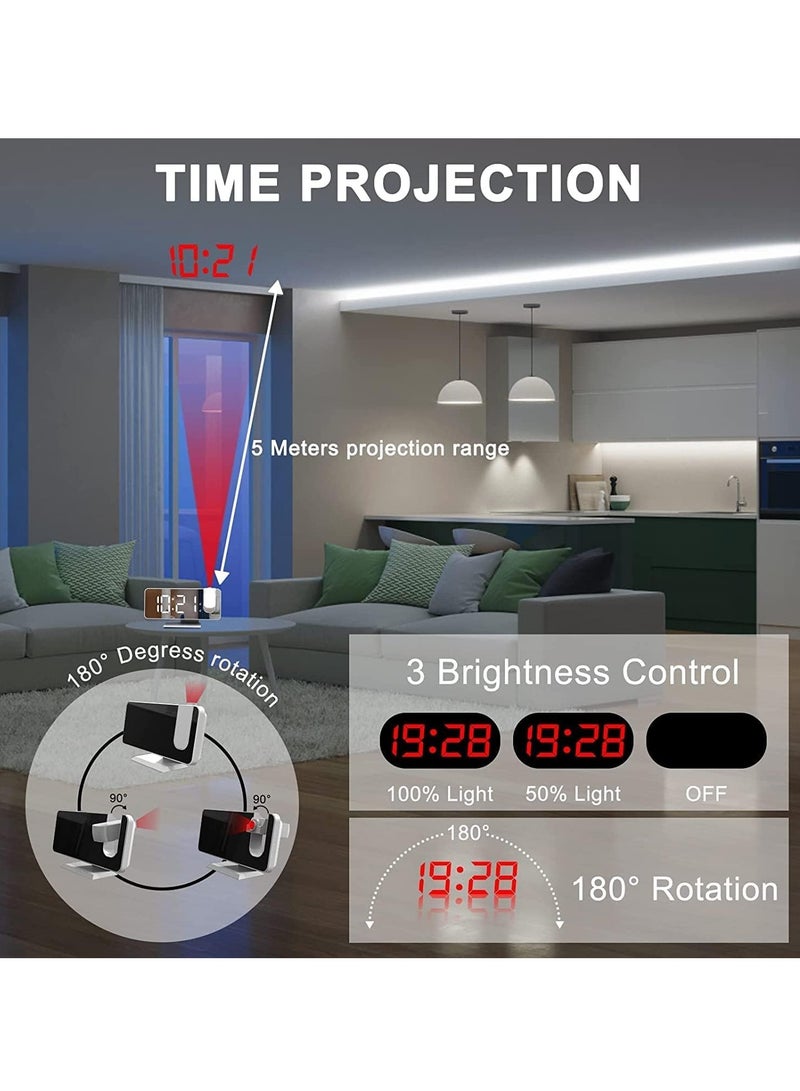 Projection Alarm Clock for Bedrooms Ceiling, Alarm Clock Radio with USB Charger Port, Temperature & Humidity Display, 7.3” Large LED Display,12/24H,Snooze,Dual Loud Alarm Clock