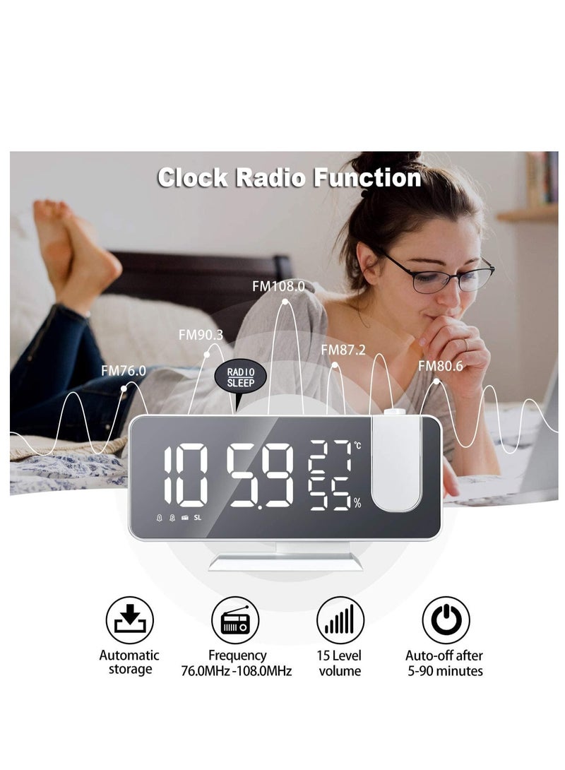 Projection Alarm Clock for Bedrooms Ceiling, Alarm Clock Radio with USB Charger Port, Temperature & Humidity Display, 7.3” Large LED Display,12/24H,Snooze,Dual Loud Alarm Clock