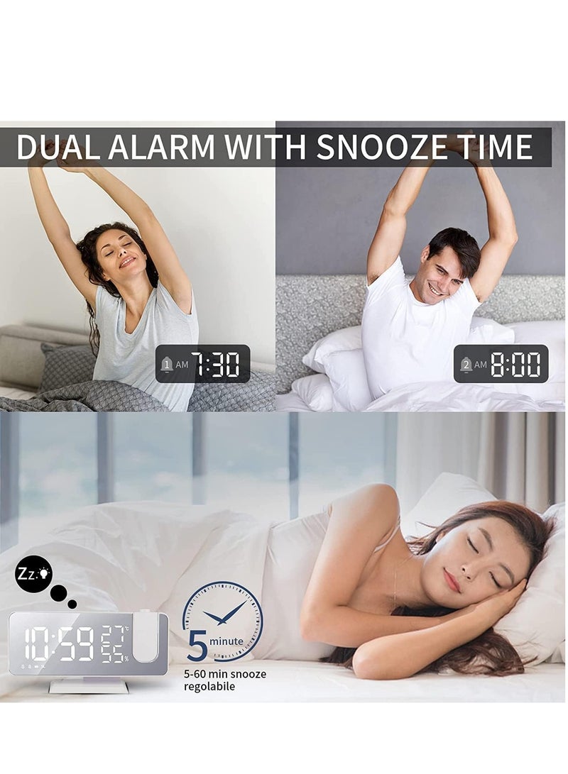 Projection Alarm Clock for Bedrooms Ceiling, Alarm Clock Radio with USB Charger Port, Temperature & Humidity Display, 7.3” Large LED Display,12/24H,Snooze,Dual Loud Alarm Clock