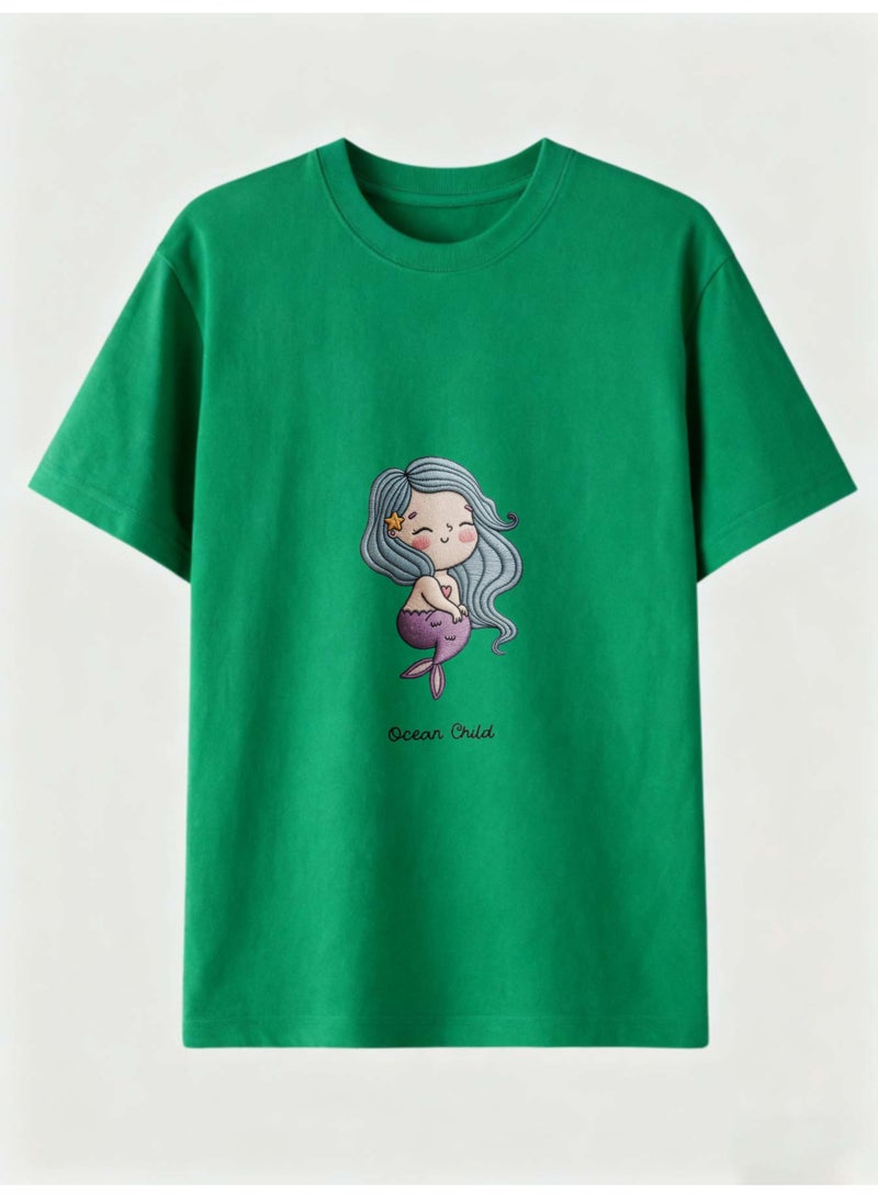 Women's Green Pure Cotton Loose Fit Short Sleeve T-Shirt with Mermaid Graphic - Image 1