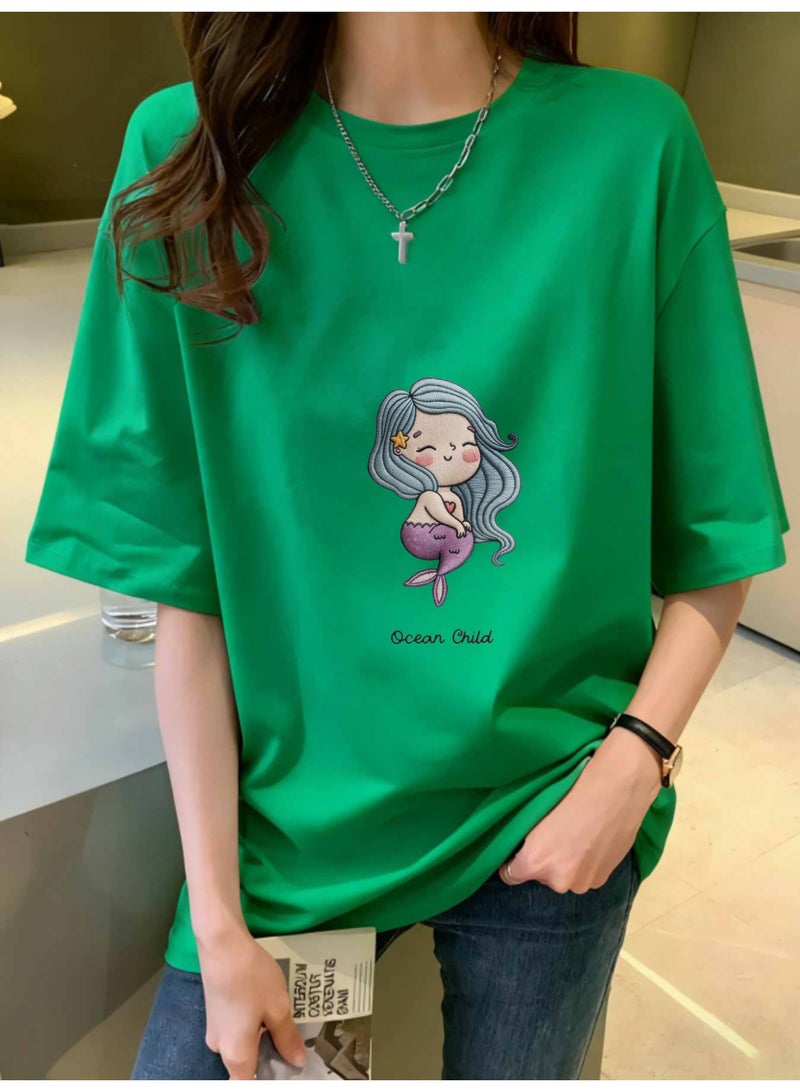 Women's Green Pure Cotton Loose Fit Short Sleeve T-Shirt with Mermaid Graphic - Image 2