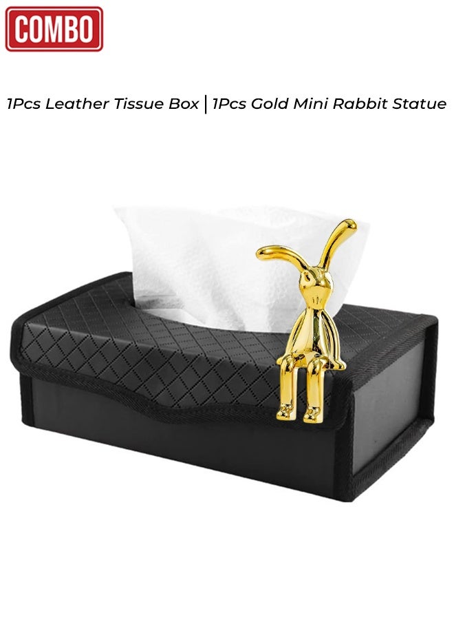 حامل مناديل ورقية جلدي مع تمثال أرنب صغير ذهبي - ديكور للسيارة والمنزل والمكتب، مزود بإغلاق مغناطيسي، طقم منظم متين من جلد البولي يوريثان. - Image 1