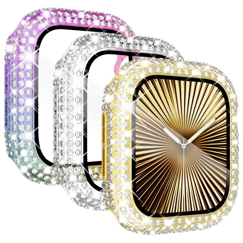 KADES 3-Pack Bling Cases Compatible with Apple Watch Case 38mm Full Diamond with Built-in Screen Protector for Apple Watch Series 3 2 1 (38mm, Gold/Iridescent/Clear) - Image 1