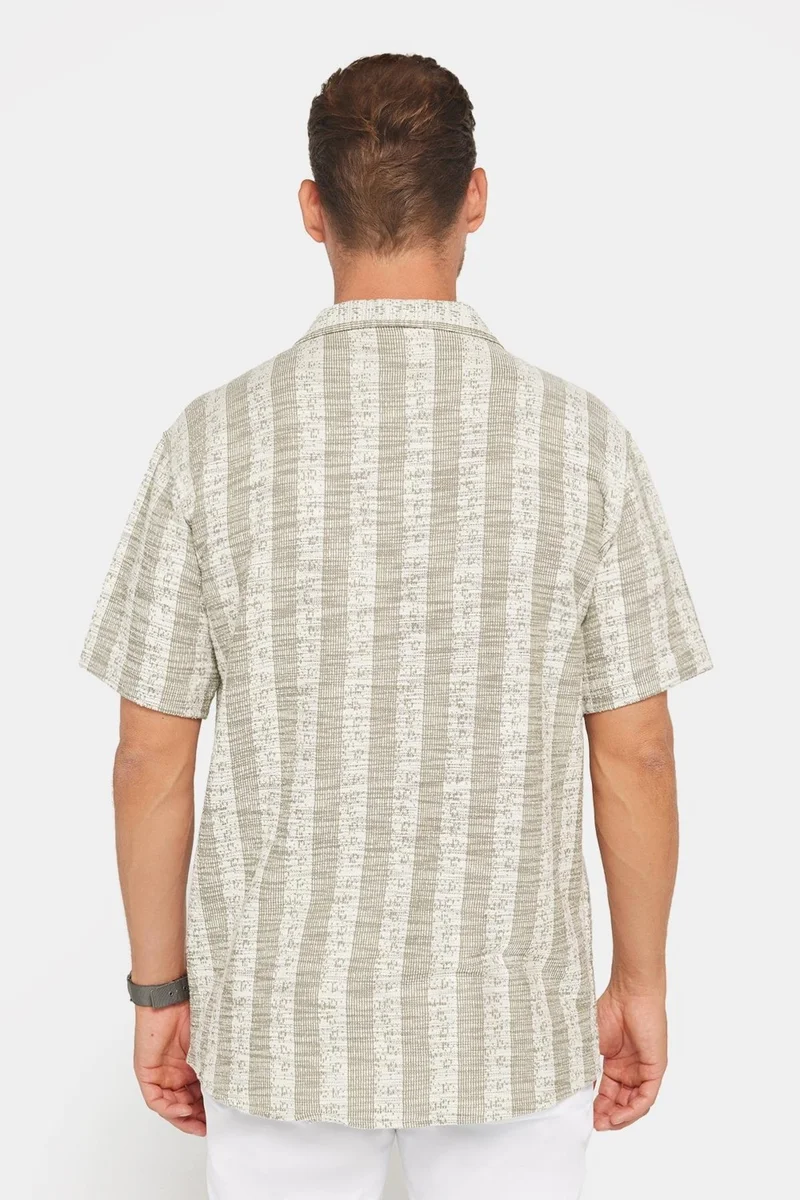 تودورس Men's Relax Fit Casual Cut Short Sleeve Knitted Texture Ecru Open Collar Shirt