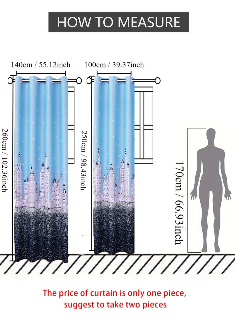 Arabest Castle Theme in Starry Night Pattern Thermal Insulated Blackout Curtain for Bedroom Blue 100x250cm  - Image 2