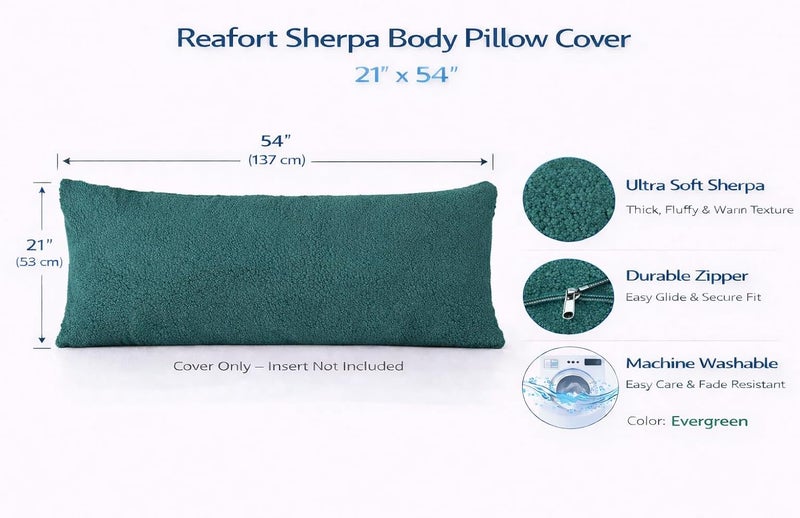 Reafort Sherpa Body Pillow Cover 21" x 54", Plush Fleece Long Body Pillowcase with Zipper Closure, Ultra Soft Fluffy Cozy Decorative Pillow Cover (Evergreen, 21"x54" Body Pillow Cover) - Image 2