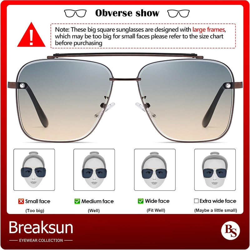 Breaksun Square Aviator Sunglasses for Men Women Fashion Vintage Diamond Cutting Lens Classic Military Pilot Gradient Shades - Image 2