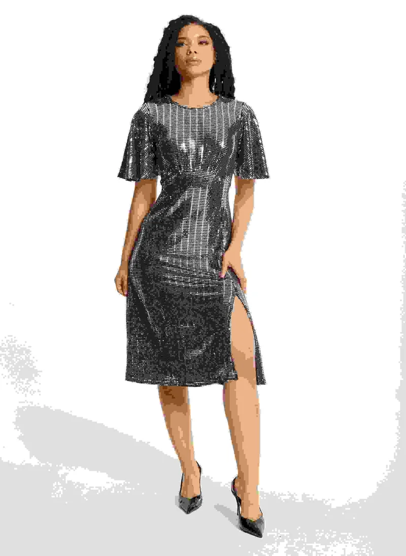 Liquorish Silver Sequin Midi Party Dress