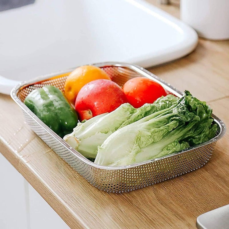 FROWWY Drain Basket Steel with Big Drip Tray Kitchen Drying Stand Mesh Sink Rectangle Basket for Fruits Vegetables Drainer Washer 30x20x6 cm Pack of 1 - Image 2