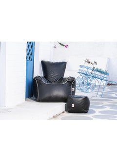 KING COMFORT BEAN BAGS King Comfort Faux Leather White Pipping on Black Couch Head Rest Sofa Bean Bag with Foot Rest with 1 Year Warranty Lounge Chair Cover for Home Office Bedroom Hall 3XL  - Image 1