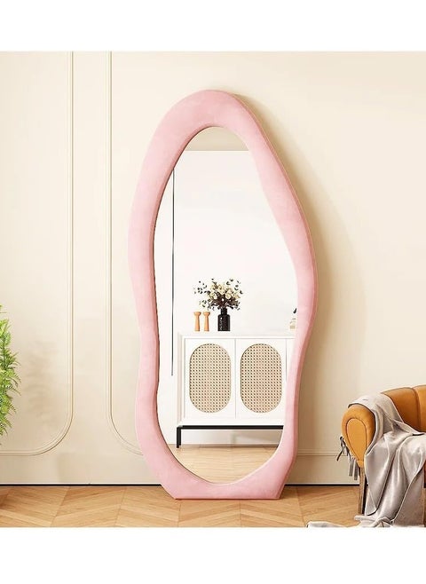Irregular Wavy Mirror Full Length Mirror,Wave Floor Mirror, Wall Mirror Standing Hanging or Leaning Against Wall for Bedroom,Full Length Mirror (Pink)