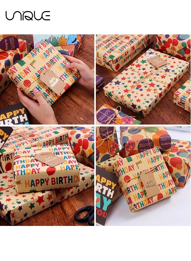 Unique Birthday Wrapping Paper Set - 4 Sheets Folded Sheets - Happy Birthday Design - 1 Stickers - 1 Roll of Double-sided Tape - Cowhide Hemp Rope - for Birthday Graduation and All Occasions, Gift Wrap Paper Set for Men Women (50*70 cm) - Image 4