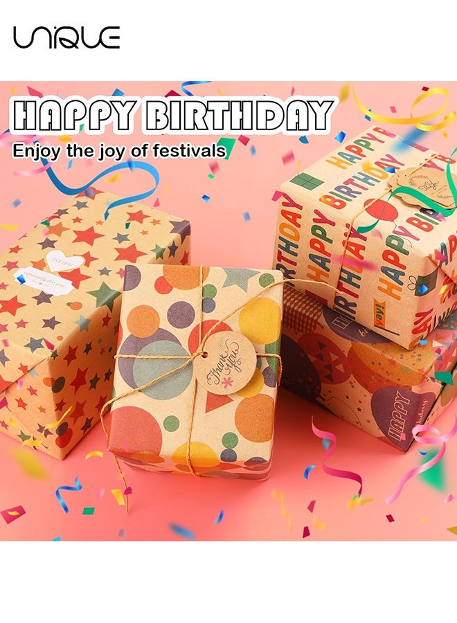 Unique Birthday Wrapping Paper Set - 4 Sheets Folded Sheets - Happy Birthday Design - 1 Stickers - 1 Roll of Double-sided Tape - Cowhide Hemp Rope - for Birthday Graduation and All Occasions, Gift Wrap Paper Set for Men Women (50*70 cm) - Image 3